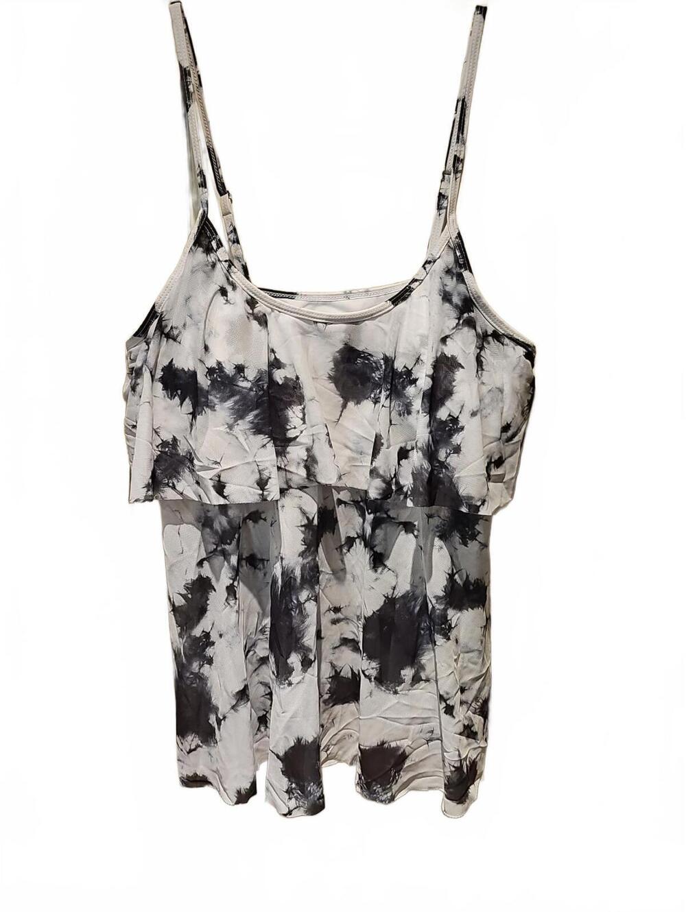 Black & White Swim Tankini Top 3XL Tie Dye Ruffle Scoop Neck Adjustable Straps